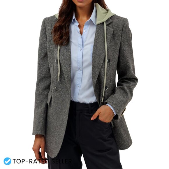 Oversized Hooded Blazer Jacket Double-Breasted Loose Fit Wool Blend Casual Chic